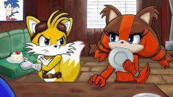 Rule 34 | 1girl, 2boys, animal ears, cake, couch, food, furry, giggles (happy tree friends), multiple boys, plate, sega, sonic (series), sonic the hedgehog, sticks the badger, table, tail, tails (sonic), takamame
