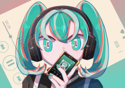 Rule 34 | 1girl, absurdres, aqua eyes, aqua nails, avogado6, black shirt, character name, covering own mouth, digital media player, hair between eyes, hand up, hatsune miku, headphones, highres, light blush, looking at viewer, multicolored hair, number in eye, pink hair, portrait, recursion, romaji text, shirt, short twintails, sony, streaked hair, suspenders, symbol-shaped pupils, twintails, user interface, vocaloid, walkman, wide-eyed