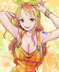 Rule 34 | 1girl, absurdres, arm behind head, armpits, bare shoulders, bow, breasts, cleavage, commentary request, dress, hair bow, highres, large breasts, long hair, looking at viewer, nami (one piece), one piece, one piece: stampede, open mouth, orange eyes, orange hair, solo, tattoo, teeth, urasanmyaku