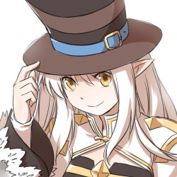 Rule 34 | 1girl, arch bishop (ragnarok online), belt, blue belt, brown hat, cleavage cutout, closed mouth, clothing cutout, commentary request, cross, dress, hair between eyes, hat, hat belt, hat tip, juliet sleeves, long hair, long sleeves, looking at viewer, natsuya (kuttuki), pointy ears, puffy sleeves, ragnarok online, sidelocks, simple background, smile, solo, striped clothes, striped headwear, top hat, two-tone dress, upper body, white background, white dress, white hair, yellow eyes