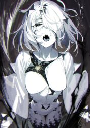 Rule 34 | 1girl, 92m, black background, breasts, commentary request, dress, hair over one eye, highres, looking at viewer, medium breasts, open mouth, original, pale skin, sharp teeth, short hair, solo, teeth, white dress, white hair