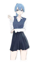 Rule 34 | 1girl, absurdres, alternate costume, alternate hairstyle, arm under breasts, black skirt, blue eyes, blue hair, blue sweater vest, breasts, collarbone, hair between eyes, hand up, high ponytail, highres, hololive, hoshimachi suisei, long sleeves, pleated skirt, ponytail, shirt, simple background, skirt, small breasts, solo, sweater vest, unoimy, virtual youtuber, white background, white shirt