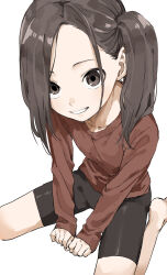 1girl absurdres bike_shorts brown_eyes brown_hair collarbone commentary_request forehead highres long_sleeves looking_at_viewer original parted_bangs red_shirt shirt simple_background sitting smile solo white_background yamamoto_souichirou