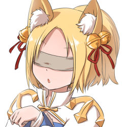 Rule 34 | 1girl, animal ear fluff, animal ears, arch bishop (ragnarok online), bell, blindfold, blonde hair, blue dress, cleavage cutout, clothing cutout, commentary request, cross, dress, fox ears, hair bell, hair ornament, hair ribbon, high ponytail, jingle bell, natsuya (kuttuki), open mouth, ponytail, ragnarok online, red ribbon, ribbon, short hair, simple background, solo, two-tone dress, upper body, white background, white dress