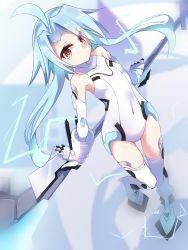 Rule 34 | 1girl, ahoge, bare shoulders, blue hair, blush, breasts, covered navel, elbow gloves, gloves, highres, holding, holding weapon, leotard, light blue hair, looking at viewer, neptune (series), open mouth, power symbol, power symbol-shaped pupils, red eyes, shimeji wyvern, short hair with long locks, small breasts, solo, symbol-shaped pupils, thighhighs, weapon, white gloves, white heart (neptunia), white leotard