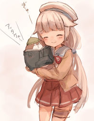 Rule 34 | 1girl, adapted costume, blue sailor collar, bokukawauso, brown cardigan, cardigan, closed eyes, commentary request, cowboy shot, grey hair, hat, kantai collection, long hair, low twintails, mikura (kancolle), otter, pleated skirt, red skirt, sailor collar, sailor hat, sailor shirt, shirt, skirt, twintails, white headwear, wss (nicoseiga19993411)