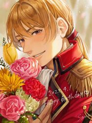 Rule 34 | 1boy, artist name, blonde hair, bouquet, commentary request, dated, eiyuu densetsu, english text, flower, happy birthday, holding, holding bouquet, jacket, long hair, looking at viewer, low ponytail, male focus, military uniform, olivert reise arnor, red jacket, sawaponu3, sen no kiseki, smile, solo, teeth, uniform