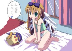 Rule 34 | 1girl, :d, angel wings, arm support, aruma (shinrabanshou), bare shoulders, barefoot, bed, blonde hair, blush, bow, bow panties, brown hair, camisole, curtains, fang, feet, flat chest, green eyes, green panties, hair between eyes, hair bow, heart, indoors, leaning forward, long hair, looking at viewer, multiple wings, oekaki, open mouth, panties, seiza, shinrabanshou, sidelocks, sitting, smile, solo, speech bubble, spoken heart, strap slip, striped clothes, striped panties, stuffed animal, stuffed penguin, stuffed toy, translation request, underwear, underwear only, v arms, very long hair, white panties, window, wings