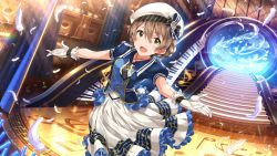 Rule 34 | 10s, 1girl, artist request, beret, blush, bow, brown hair, earrings, feathers, frills, gloves, green eyes, hat, highres, idol, idolmaster, idolmaster million live!, idolmaster million live! theater days, indoors, jewelry, light brown hair, long skirt, looking at viewer, music, necklace, official art, open mouth, outstretched arms, pendant, puffy short sleeves, puffy sleeves, sakuramori kaori, short hair, short sleeves, singing, skirt, smile, solo, spread arms, staff (music), stage, white gloves