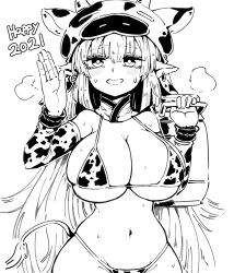 Rule 34 | 1girl, animal ears, animal print, bikini, breasts, catura (granblue fantasy), chinese zodiac, cleavage, cow ears, cow girl, cow hat, cow horns, cow print, detached sleeves, draph, ear piercing, formicid, granblue fantasy, greyscale, highres, horns, large breasts, long hair, looking at viewer, monochrome, navel, piercing, pointy ears, solo, swimsuit, waving arm, year of the ox