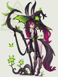Rule 34 | 1girl, animal ears, black sclera, colored sclera, colored skin, flower, green eyes, hat, highres, holding, holding staff, long hair, looking at viewer, monster girl, original, pink skin, plant, plant girl, plant hair, purple hair, solo, squeaky (artist), staff, standing, tail, tiptoes, twintails, vines, witch hat