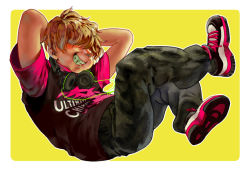 Rule 34 | 1boy, alternate costume, arms behind back, black pants, blonde hair, clothes writing, crossed legs, grin, hair over eyes, headphones, headphones around neck, male focus, mokorobi, mother (game), mother 2, nintendo, pants, porky minch, reclining, shirt, shoes, short sleeves, simple background, smile, sneakers, solo, two-tone background, ultimate chimera