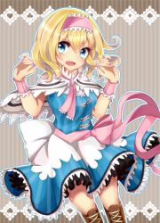 Rule 34 | 1girl, alice margatroid, blonde hair, blue dress, blue eyes, boots, capelet, chiyori (soleilandiris), cross-laced footwear, dress, hairband, highres, knee boots, lace-up boots, lolita hairband, petticoat, short dress, sleeveless, sleeveless dress, solo, touhou