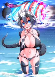 Rule 34 | !, !!, 1girl, arm behind back, artist name, bare shoulders, battle, beam, bikini, black bikini, blue sky, blush, breasts, cleavage, cloud, collarbone, commentary request, day, dragon claw, dragon girl, dragon horns, dragon tail, family kamehameha, fang, g (genesis1556), genderswap, genderswap (mtf), greyscale, groin, hair between eyes, highres, horns, kamehameha (dragon ball), large breasts, long hair, looking at viewer, midriff, monochrome, monster girl, multicolored hair, navel, ocean, open mouth, orca, original, outdoors, ponytail, rio (g (genesis1556)), scales, shark, sidelocks, sky, solo focus, standing, sweat, swimsuit, tail, thigh strap, two-tone hair, wading, whale, white hair