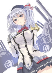 Rule 34 | 10s, 1girl, beret, blue eyes, breasts, buttons, cannon, epaulettes, female focus, frilled sleeves, frills, gloves, grey eyes, grey hair, hair ribbon, hat, jacket, kantai collection, kashima (kancolle), kerchief, large breasts, long hair, looking down, machinery, miniskirt, pleated skirt, ribbon, sidelocks, skirt, solo, tsurime, turret, twintails, uniform, wavy hair, yahako