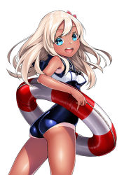 Rule 34 | 10s, 1girl, ass, blonde hair, blue eyes, blush, bright pupils, cowboy shot, crop top, floating hair, flower, from behind, hair flower, hair ornament, kantai collection, lifebuoy, long hair, looking at viewer, looking back, one-piece tan, open mouth, ro-500 (kancolle), round teeth, sailor collar, school swimsuit, simple background, smile, solo, swim ring, swimsuit, swimsuit under clothes, tan, tanline, teeth, twisted torso, unowen, white background
