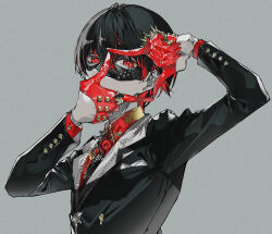 Rule 34 | 1boy, black hair, black jacket, brass knuckles, chogakusei, collared shirt, covering own mouth, domino mask, expressionless, finger frame, formal, gloves, grey background, half gloves, hands up, highres, indie utaite, jacket, jewelry, looking at viewer, mask, multicolored hair, mura karuki, music, necklace, necktie, original, pearl necklace, portrait, print necktie, red eyes, red gloves, red shirt, ring, shirt, short hair, studded gloves, studded mask, suit, tuxedo, two-tone hair, utaite, very short hair, weapon