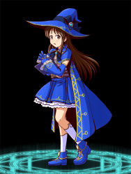 Rule 34 | 1girl, :o, ankle boots, belt, black background, blue cape, blue footwear, blue gloves, blue hat, blue jacket, blue skirt, blush, boots, brooch, brown eyes, brown hair, cape, clipboard, cropped jacket, detached sleeves, frilled skirt, frilled sleeves, frills, full body, gloves, hat, holding, idolmaster, idolmaster cinderella girls, jacket, jewelry, kneehighs, lielos, long hair, long sleeves, looking at viewer, magic circle, open clothes, open jacket, open mouth, sidelocks, simple background, skirt, socks, solo, standing, tachibana arisu, white socks, witch, witch hat
