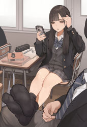 1boy 1girl 1other absurdres black_jacket blazer blue_bow blue_bowtie blue_necktie bow bowtie brown_eyes cellphone chair classroom commentary_request desk grey_pants grey_skirt highres holding holding_phone indoors jacket koh_(minagi_kou) long_hair long_sleeves necktie on_desk open_clothes open_jacket original pants phone plaid_clothes plaid_skirt school_chair school_desk school_uniform sitting skirt smartphone thighs