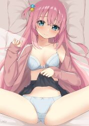 Rule 34 | 1girl, absurdres, alternate breast size, bed sheet, black skirt, blue eyes, bocchi the rock!, bow, bow bra, bow panties, bra, breasts, closed mouth, clothes lift, collarbone, commentary request, cube hair ornament, gotoh hitori, hair between eyes, hair ornament, head tilt, highres, jacket, lifting own clothes, lineflo, long hair, long sleeves, looking at viewer, lying, off shoulder, on back, one side up, open clothes, open jacket, panties, pillow, pink hair, pink jacket, pleated skirt, revision, skirt, skirt lift, sleeves past wrists, small breasts, smile, solo, spread legs, track jacket, underwear, very long hair, white bra, white panties