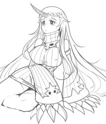 Rule 34 | 10s, breasts, claws, dress, froggle, greyscale, horns, kantai collection, large breasts, long hair, looking away, monochrome, ribbed dress, seaport princess, short dress, single horn, sitting, sketch, solo, very long hair, white background, white hair