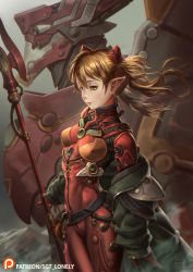 Rule 34 | 1girl, adapted costume, belt, bodysuit, breasts, brown hair, coat, commentary, covered erect nipples, crossover, eldar, elf, english commentary, eva 02, glaive (polearm), green coat, green eyes, highres, holding, holding polearm, holding weapon, interface headset, lance of longinus (evangelion), lips, long coat, looking at viewer, loose belt, mecha, medium breasts, medium hair, multicolored bodysuit, multicolored clothes, neon genesis evangelion, nose, off shoulder, orange bodysuit, pilot suit, plugsuit, pointy ears, polearm, rebuild of evangelion, red bodysuit, robot, sgt lonely, solo focus, souryuu asuka langley, test plugsuit, twintails, warhammer 40k, weapon