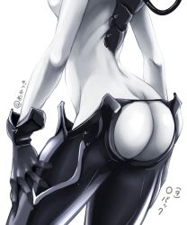 Rule 34 | 10s, 1girl, abyssal ship, akatsuki akane, arms at sides, ass, ass cutout, black gloves, black pants, butt crack, chaps, close-up, clothing cutout, from behind, gloves, kantai collection, monochrome, pale skin, pants, simple background, solo, wo-class aircraft carrier