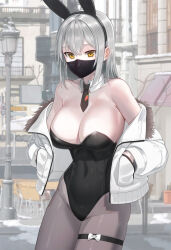 Rule 34 | 1girl, animal ears, bare shoulders, black hairband, black leotard, black necktie, breasts, cleavage, commentary, commentary request, covered mouth, covered navel, detached collar, fake animal ears, fur trim, grey hair, grey pantyhose, hairband, hands in pockets, highres, jacket, kfr, lamppost, large breasts, leotard, long hair, looking at viewer, mask, mouth mask, necktie, off shoulder, open clothes, open jacket, original, outdoors, pantyhose, playboy bunny, rabbit ears, skindentation, solo, standing, thigh strap, white jacket, yellow eyes