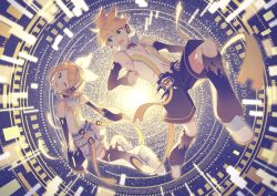 Rule 34 | 1boy, 1girl, bare shoulders, belt, black shorts, black sleeves, blonde hair, blue eyes, bow, commentary, detached sleeves, floating, grey shorts, hair bow, hair ornament, hairclip, headphones, kagamine len, kagamine len (append), kagamine rin, kagamine rin (append), leg warmers, looking at another, looking back, navel, one eye closed, shirt, short hair, short ponytail, shorts, sinaooo, sleeveless, sleeveless shirt, smile, spiked hair, swept bangs, virtual reality, vocaloid, vocaloid append, white bow, white footwear, white shirt