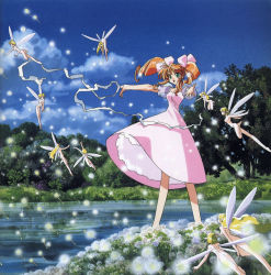 Rule 34 | 1990s (style), 1girl, bow, day, dress, fairy, fairy wings, flower, green eyes, ishida atsuko, long hair, mini person, minigirl, nude, official art, orange hair, outdoors, outstretched arms, pink bow, pink dress, retro artstyle, scan, shamanic princess, sky, smile, spread arms, tiara (shamanic princess), tree, twintails, water, wings