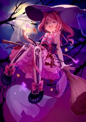 Rule 34 | 1girl, :d, absurdres, animal ears, bare tree, black footwear, blood, blood on clothes, bone print, broom, broom riding, candy, commentary request, dress, flat chest, food, full moon, ghost, halloween, haru urara (umamusume), hat, highres, horse ears, lollipop, moko39 takasora, moon, night, night sky, open mouth, outdoors, pink dress, purple hat, sidesaddle, sky, sleeveless, smile, solo, tree, umamusume, witch, witch hat, wrapped candy