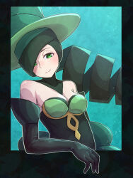 Rule 34 | 1girl, bare shoulders, battle chatelaine, breasts, cleavage, closed mouth, creatures (company), dress, drill hair, elbow gloves, game freak, gloves, green dress, green eyes, green gloves, green hair, green headwear, highres, kotobukkii (yt lvlv), long hair, medium breasts, morgan (pokemon), nintendo, pokemon, pokemon xy, smile, solo, upper body
