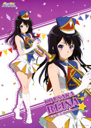 Rule 34 | 10s, 1girl, absurdres, band uniform, black hair, boots, character name, confetti, copyright name, elbow gloves, gloves, gradient background, hat, hibike! euphonium, highres, instrument, knee boots, kousaka reina, legs, long hair, non-web source, official art, purple eyes, solo, striped, striped background, trumpet, white footwear, zoom layer
