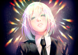 Rule 34 | 1other, absurdres, androgynous, black jacket, black necktie, collared shirt, commentary, diamond (houseki no kuni), english commentary, gem uniform (houseki no kuni), glowing, glowing hair, hamatsu, highres, houseki no kuni, jacket, lips, looking at viewer, multicolored hair, necktie, other focus, rainbow, rainbow hair, shirt, short hair, smile, solo, sparkle, upper body, white shirt