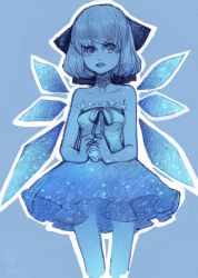 Rule 34 | 1girl, 2013, alternate costume, artist name, blue theme, bow, circled 9, cirno, dated, dress, hair bow, ice, ice wings, monochrome, nemo (leafnight), open mouth, short hair, simple background, solo, touhou, wings