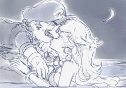 Rule 34 | 1boy, 1girl, agua mp, boat, earrings, facial hair, gloves, hat, jewelry, kiss, long hair, looking at another, mario, mario (series), mermaid peach, moon, mustache, necklace, nintendo, overalls, princess peach, princess peach: showtime!, sideburns, water, watercraft