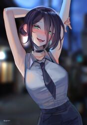 Rule 34 | 1girl, alternate breast size, arm behind head, armpits, arms up, black choker, black hair, black necktie, black shorts, blurry, blurry background, blush, breasts, chainsaw man, choker, commentary request, contrapposto, green eyes, hair bun, head tilt, highres, large breasts, necktie, open mouth, reze (chainsaw man), sakichka, shirt, shorts, signature, sleeveless, sleeveless shirt, smile, solo, upper body