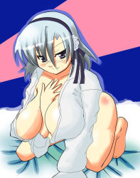 Rule 34 | 10s, 1girl, arm between breasts, barefoot, between breasts, black eyes, bottomless, breasts, female focus, hair ornament, henriette mystere, huge breasts, kneeling, looking at viewer, no bra, open clothes, open shirt, shirt, short hair, solo, tantei opera milky holmes, white hair