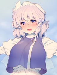 Rule 34 | 1girl, :d, blue background, blush, breasts, dress, eyebrows, full-face blush, gradient background, hat, head tilt, incoming hug, juliet sleeves, kiri futoshi, large breasts, letty whiterock, light purple hair, long sleeves, looking at viewer, open mouth, outstretched arms, puffy sleeves, purple eyes, scarf, shirt, short hair, signature, silver hair, smile, solo, tareme, thick eyebrows, touhou, turtleneck, upper body, vest