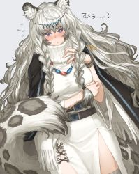 Rule 34 | 1girl, animal ear fluff, animal ears, arknights, belt, blush, braid, breasts, dress, flying sweatdrops, jewelry, leopard ears, leopard tail, long hair, looking at viewer, necklace, pout, pramanix (arknights), shoe-ji, solo, tail, thighhighs, turtleneck, very long hair, white dress