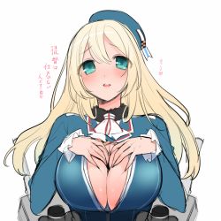 Rule 34 | 10s, 1girl, atago (kancolle), bad id, bad pixiv id, blonde hair, blue hat, blush, breasts, cleavage, donacoo, green eyes, hat, heart, kantai collection, large breasts, long hair, looking at viewer, military, military uniform, paizuri invitation, personification, simple background, smile, solo, translated, uniform, white background, yuuhi homare