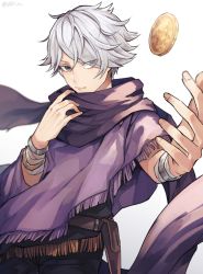 Rule 34 | 1boy, bad id, bad twitter id, bandages, cape, coin, commentary request, gloves, gold, grey eyes, hair over one eye, looking at viewer, male focus, octopath traveler, octopath traveler i, p0n ya, scarf, short hair, simple background, solo, therion (octopath traveler), white hair