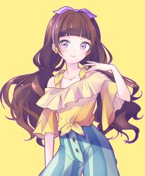 Rule 34 | 1girl, amanogawa kirara, brown hair, earrings, go! princess precure, hairband, highres, jewelry, long hair, precure, purple eyes, shiguri, shorts, simple background, smile, solo, star (symbol), star earrings, striped clothes, striped shorts, twintails, vertical stripes, yellow background