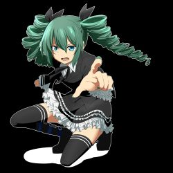 Rule 34 | 1girl, alternate costume, alternate hairstyle, aqua eyes, black thighhighs, drill hair, green hair, hair ribbon, hatsune miku, highres, himitsu keisatsu (vocaloid), jacket, long hair, long sleeves, looking at viewer, on one knee, open mouth, petticoat, pointing, pointing at viewer, ribbon, rumia (compacthuman), shirt, skirt, skirt set, solo, squatting, thighhighs, twin drills, twintails, vocaloid, zettai ryouiki
