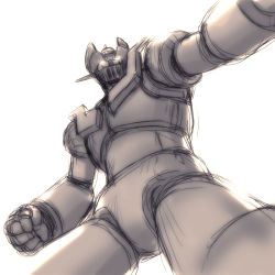 Rule 34 | from below, glowing, glowing eyes, magaki ryouta, mazinger (series), mazinger z, mazinger z (mecha), mecha, monochrome, no humans, robot, sepia, simple background, sketch, solo, toei animation