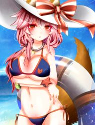 Rule 34 | 10s, 1girl, absurdres, animal ears, bad id, bad pixiv id, bikini, blue bikini, blush, breast hold, breasts, cleavage, collarbone, crossed arms, day, ears through headwear, fate/extra, fate/grand order, fate (series), fox ears, fox tail, groin, hat, highres, large breasts, long hair, looking at viewer, navel, ocean, open mouth, outdoors, pink hair, sana hamada, solo, swimsuit, tail, tamamo (fate), tamamo no mae (fate/extra), tamamo no mae (swimsuit lancer) (fate), yellow eyes