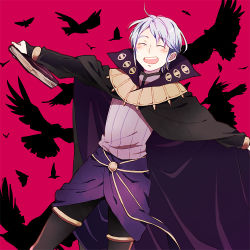 Rule 34 | 1boy, :d, ^ ^, animal, arms up, bad id, bad pixiv id, bird, black legwear, blush, book, bridal gauntlets, cape, closed eyes, crow, dutch angle, fire emblem, fire emblem awakening, guttary, happy, henry (fire emblem), high collar, holding, long sleeves, male focus, nintendo, open mouth, outstretched arms, red background, simple background, smile, striped, swept bangs, teeth, vertical stripes, white hair, wizard