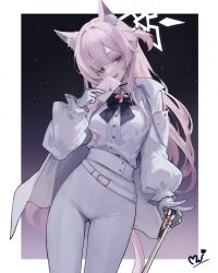 Rule 34 | 1girl, absurdres, akira (blue archive), animal ear fluff, animal ears, black bow, black bowtie, blue archive, blush, bow, bowtie, cat ears, cat tail, gloves, half updo, halo, head tilt, high-waist pants, highres, holding, holding letter, jacket, jacket on shoulders, letter, long hair, long sleeves, looking at viewer, mellow (srpp4843), pants, pink hair, puffy long sleeves, puffy sleeves, shirt, shirt tucked in, signature, smile, solo, tail, v, very long hair, white gloves, white jacket, white pants, white shirt