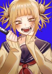 Rule 34 | 1girl, absurdres, bags under eyes, blonde hair, blue background, blue sailor collar, blunt bangs, blush, boku no hero academia, cardigan, double bun, eyeliner, fangs, hair bun, hand on own cheek, hand on own face, highres, holding, holding knife, jun (nad-j), knife, long sleeves, looking at viewer, makeup, messy hair, narrowed eyes, neckerchief, open mouth, red neckerchief, sailor collar, sanpaku, school uniform, serafuku, sidelocks, simple background, slit pupils, smile, solo, teeth, toga himiko, upper body, yellow cardigan, yellow eyes