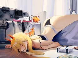 Rule 34 | 1girl, animal, animal on back, artist name, ass, bed, bedroom, black bra, black panties, blonde hair, bra, breasts, calvin klein, cat, chainsaw man, closed eyes, commentary, couch, curtains, demon girl, demon horns, drooling, english commentary, fangs, fox, fox devil (chainsaw man), from side, game console, highres, horns, long hair, lying, meowy (chainsaw man), on stomach, panties, pants, playstation 5, playstation controller, pochita (chainsaw man), power (chainsaw man), rasipan, sleeping, small breasts, snack, strap slip, thighs, top-down bottom-up, underwear, underwear only, unworn bra, unworn clothes, unworn pants, unworn shirt, video game